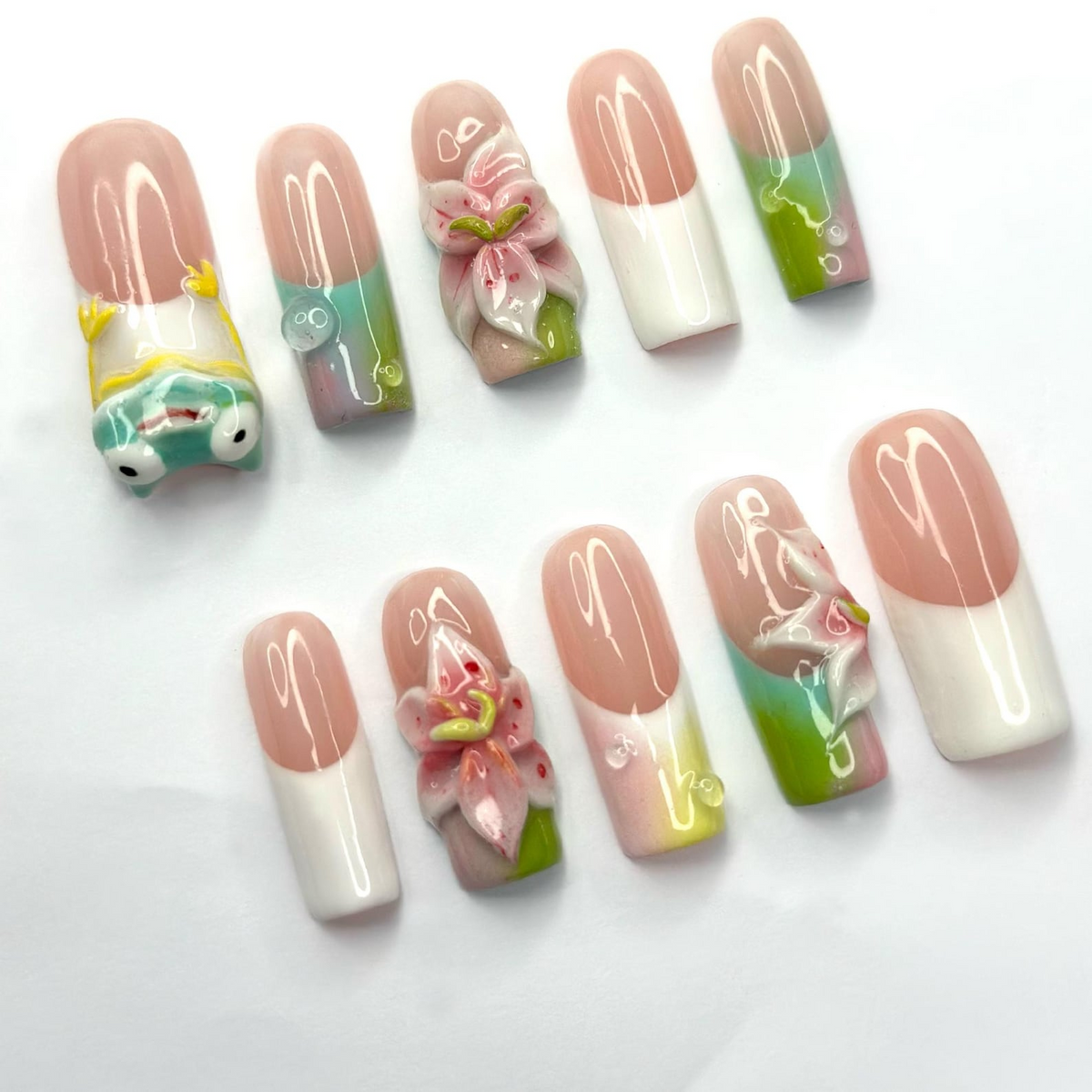 Handmade Frog Press On Nails, Fairy Garden Nails with 3D Flowers, Cute Cottagecore Gift