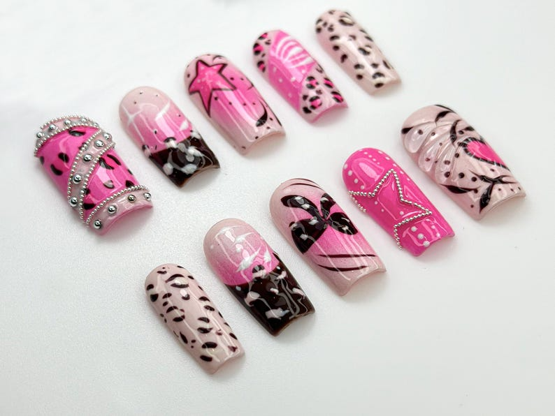 Pink Y2K Leopard Press On Nails Rhinestone Star Design Heart & Animal Print Nails Bold Pink Chrome Nail Art| Trendy Y2K Nails