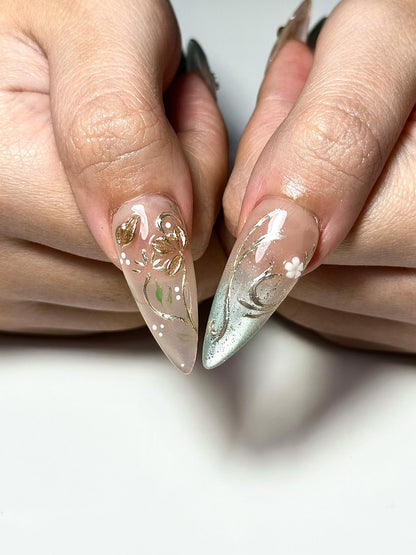 Elegant Gold Floral Cat eyes Nails, Nude Sage Blue Nails, Luxury Minimal Nails, Jasmin