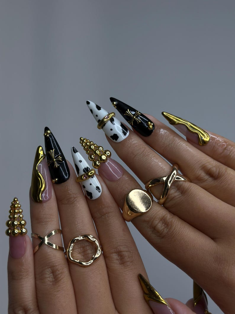 Gothic Cow Glam Press On Nails Black & White Cow Print Stiletto Nails Gold 3D Metal Accents Spider Charm Nail Art