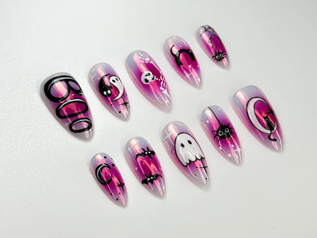 Cute Halloween Glow Press On Nails Pink Spooky Ghost Nail Art Glow in Dark Cat & Bat Nails Adorable Halloween Press Ons