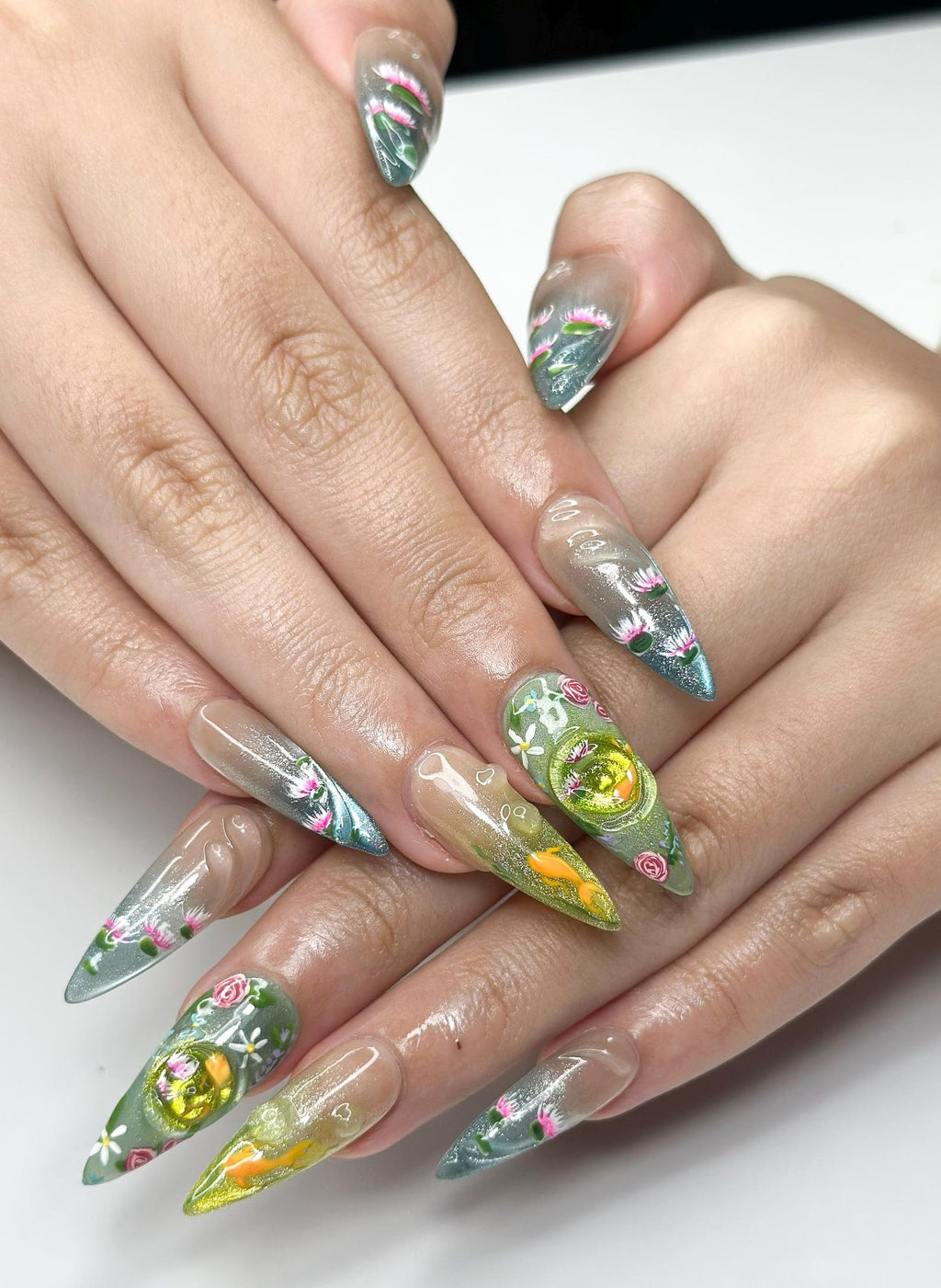 Zen Koi Pond Press On Nails, 3D Lotus Flower & Goldfish Art, Ethereal Ombre Shimmer Nails