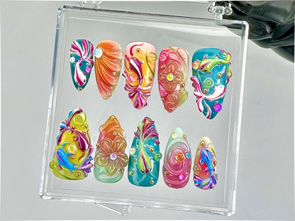 Colorful 3D Press On Nails by Dorynail Swirl Rainbow Fake Nails Swirly Neon Nail ArtMulticolor 3D Nail ArtPsychedelic Nails|OB796YC