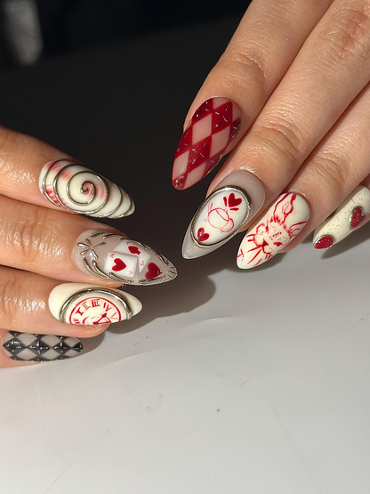 Alice Wonderland Easter Press On Nails Playing Card Heart Nails Red White Nails Fantasy