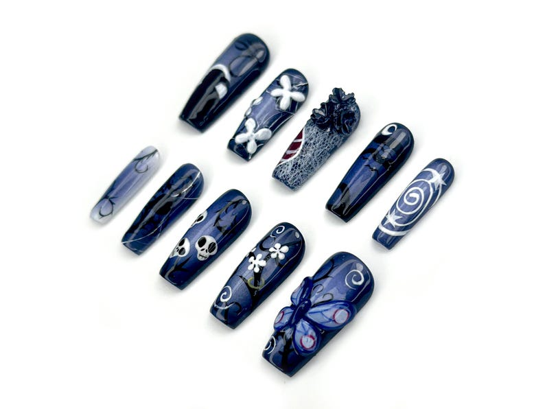 Midnight Gothic Butterfly Press On Nails Dark Blue Fantasy Nail Art 3D Butterfly, Skulls & Floral Accents