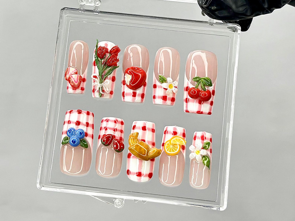 Gingham Picnic Press On Nails 3D Fruit & Floral Nail Art Cherry Strawberry Lemon Press Ons Cottagecore Picnic Fake nails OB944YK