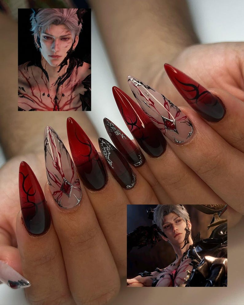 Sylus Love and Deepspace Nail Art, Vampire Romance Claws, Red Vein Gothic Fantasy Nails