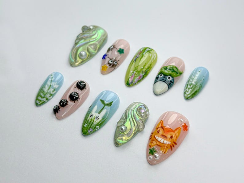 Whimsical Totoro Press On Nails Ghibli Totoro & Friends Nail Set Forest Spirit And Soot Sprite Set Handmade Totoro Nail Art
