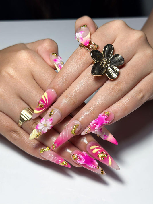3D Starfish Hibiscus Press On Nails, Neon Pink Yellow Ombre Tropical Summer Fingernails