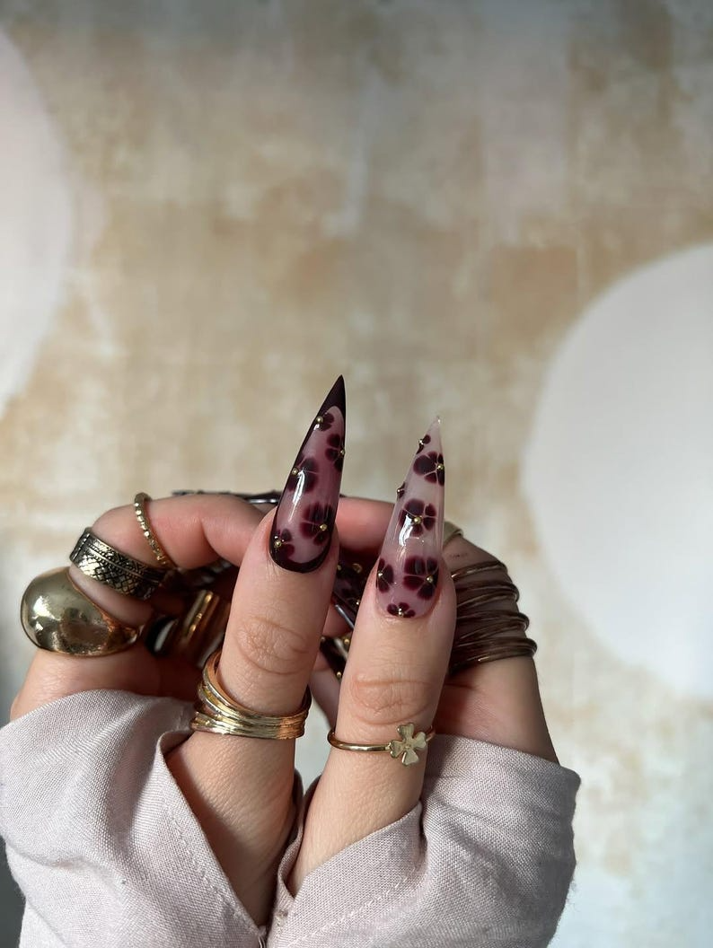 Fall Rose Luxe Press On Nails, Pink & Brown Autumn Glam Nails, 3D Bow and Rose Accents