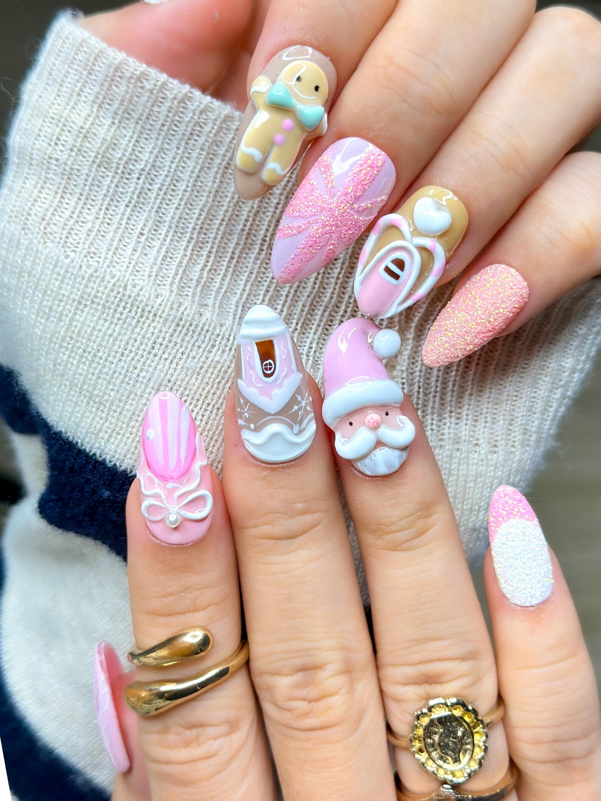 Pink Gingerbread Christmas Press On Nails Festive Holiday Nail Art 3D Santa & Candy Cane Nail Set Handmade Pink Winter Nails