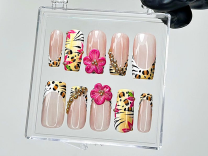 Leopard Floral Press On Nails Pink Flower Cheetah French Tips Nail Art Safari Press Ons Animal Print Fake nails Wild AnimalOB943YK