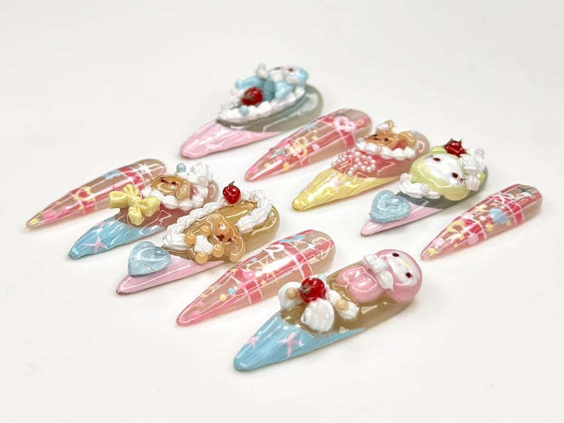 Pastel Fairy Kei Press On Nails 3D Cartoon Bear Bunny Nail Art Harajuku Kawaii Fake Nails Cute 3D Kawaii Nails cute cute nails