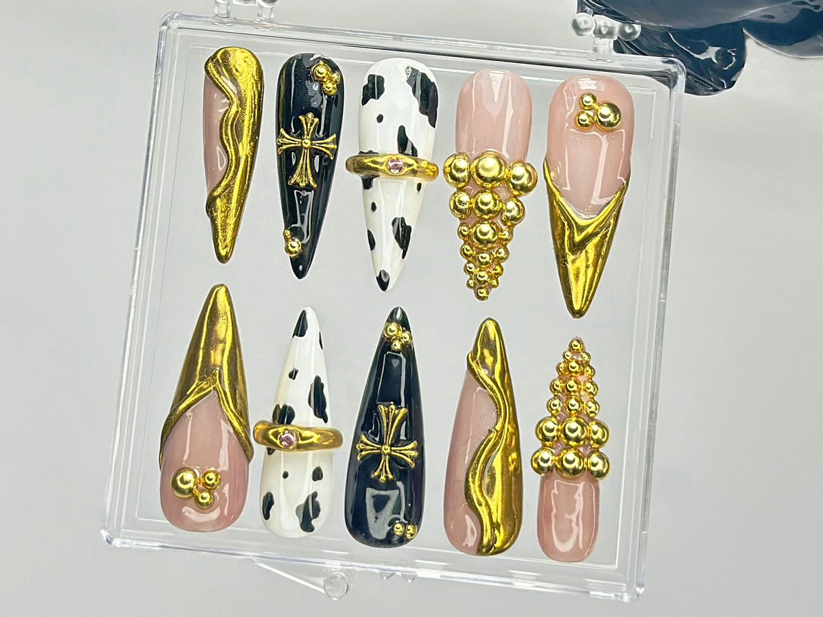 Black & Gold Luxury Press On Nails Bold Cow Print Fake Nails Golden Gothic Nail Art Glam Cow Print, Cross Design Press Ons