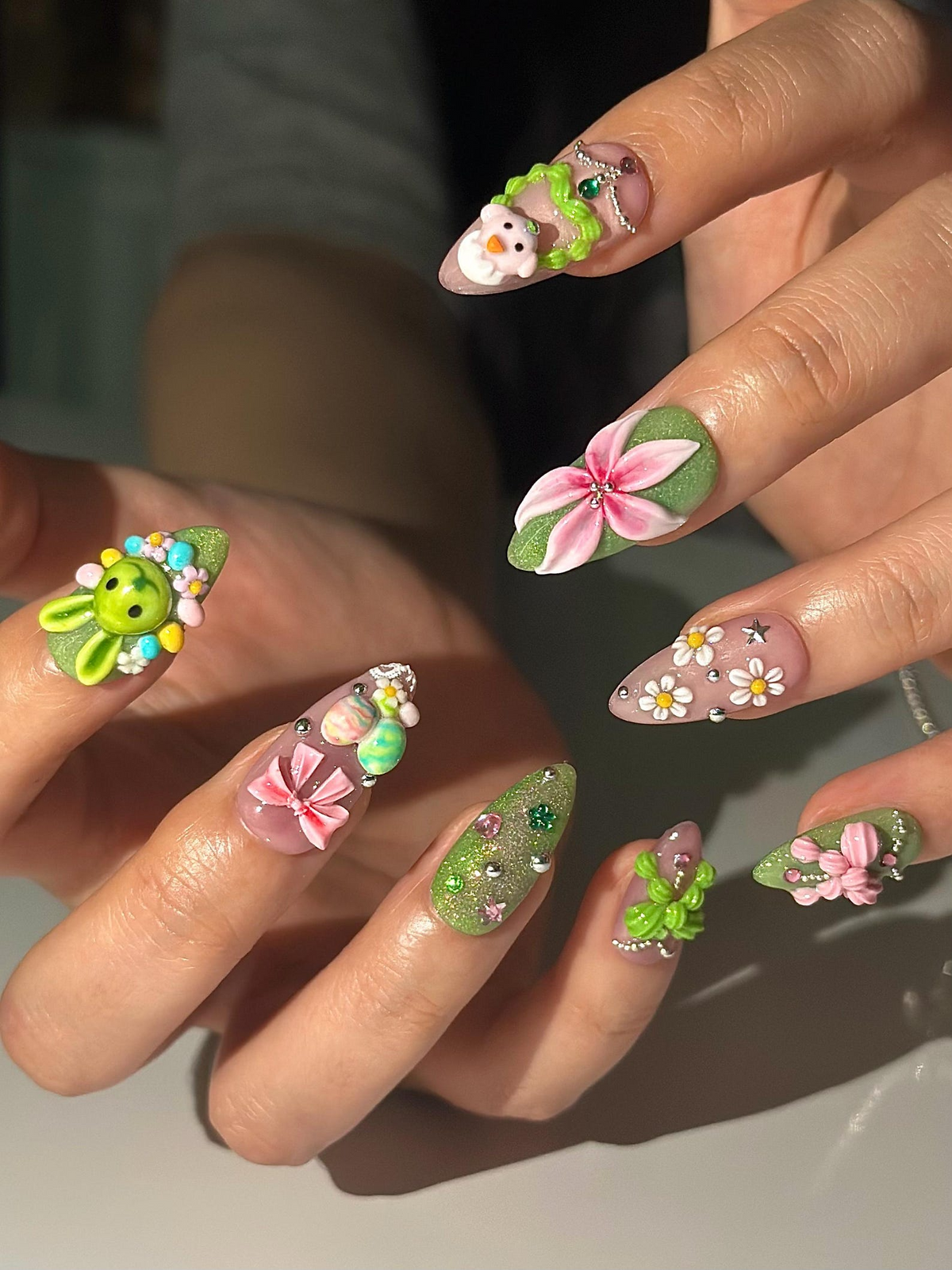 Bunny Garden Press On Nails 3D Easter Rabbit Nails Cute Pastel Floral Nails Kawaii Green