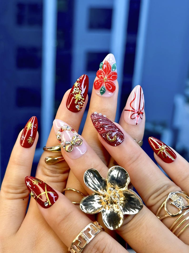 Floral Christmas Press On Nails Red Gift Bow Nails Luxury Winter Nail Art Red Gold Holiday Nail Set