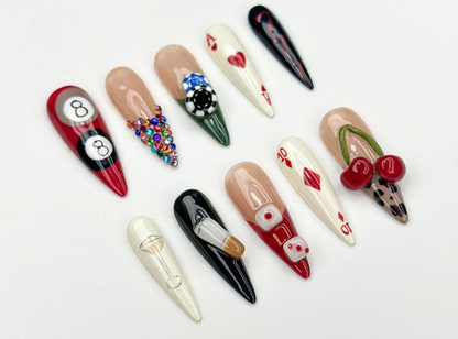 Casino Game Theme Press On Nails 3D Poker Dice & Martini Nails Vegas Party Press Ons Bold Handmade Nail| Vegas Nightlife Nail