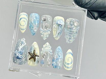 Ocean Theme Press On Nails 3D Jellyfish & Shell Press Ons Beach Vibes Fake Nails Summer Sea Nail Art Underwater Nails OB822YC