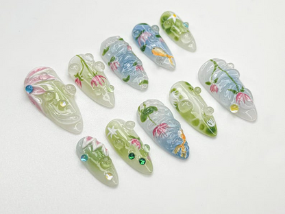 Water Garden Koi Press On Nails Hand-Painted Koi Fish & Lotus Flowers Zen Nature Art Nail Set Calm Pond-Inspired Press Ons OC798HC