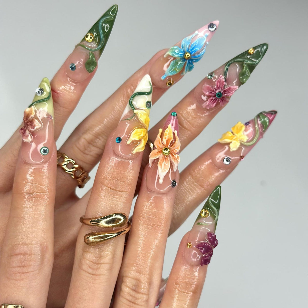 3D Tropical Flower Fairy Press On Nails, Colorful Floral & Green Vine Art, Whimsical