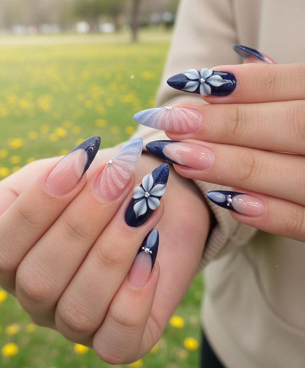 Midnight Blossom Spring Press On Nails Navy Floral Ombré Nail Art Luxury Floral Blue Nails Set Elegant Blush Ombre Nails