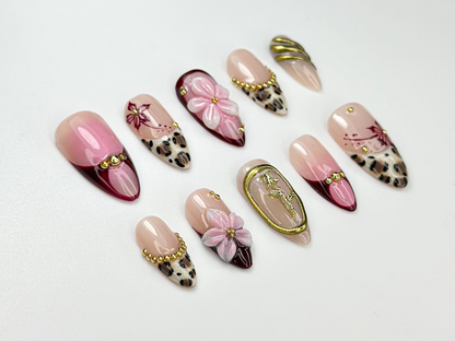 Pink Leopard Glam Press On Nails 3D Floral & Cheetah Print Nails Burgundy Gold Accent Nail Set Handmade Art Press Ons OC102HC