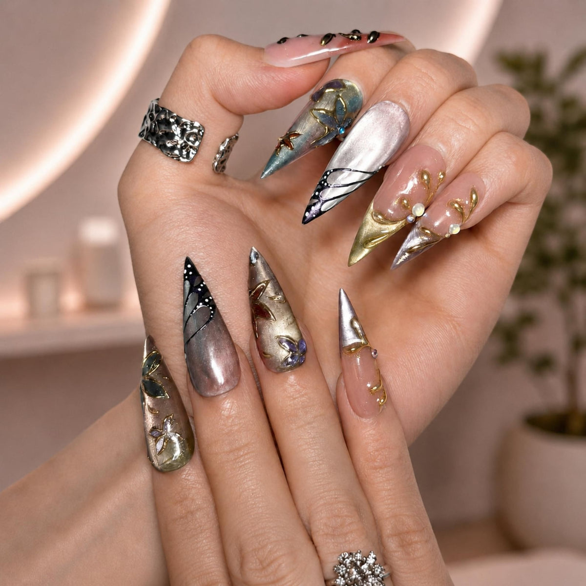 Fairycore Stiletto Press On Nails • Wedding Guest Prom Vibe • 3D Gold Chrome Vine •