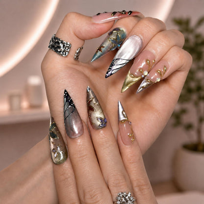 Fairycore Stiletto Press On Nails • Wedding Guest Prom Vibe • 3D Gold Chrome Vine •