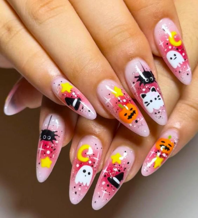Spooky Kawaii Halloween Press On Nails, Pink Ghost & Pumpkin Nail Art, Cat and Witch Hat