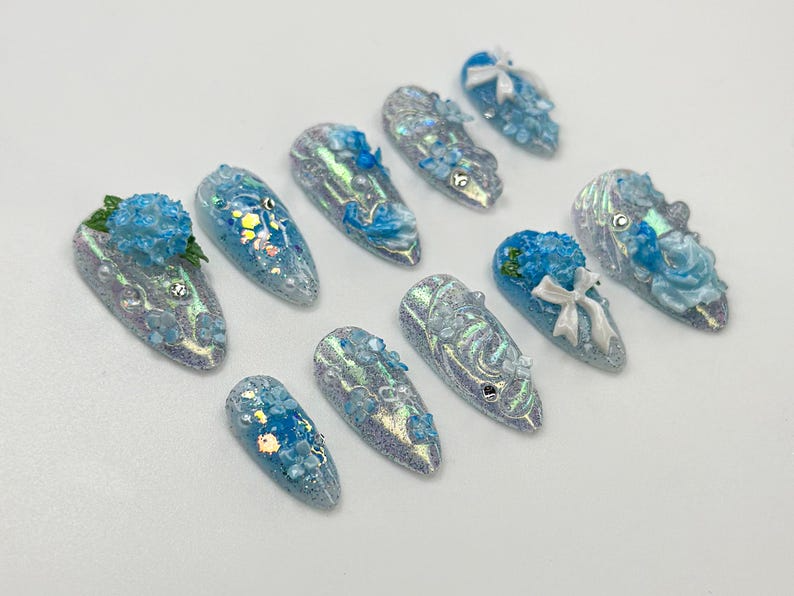 Iridescent Blue Garden Press On Nails 3D Floral Glitter Nails Elegant Blue Press On Nails Handmade Romantic Bridal Set OB774HC