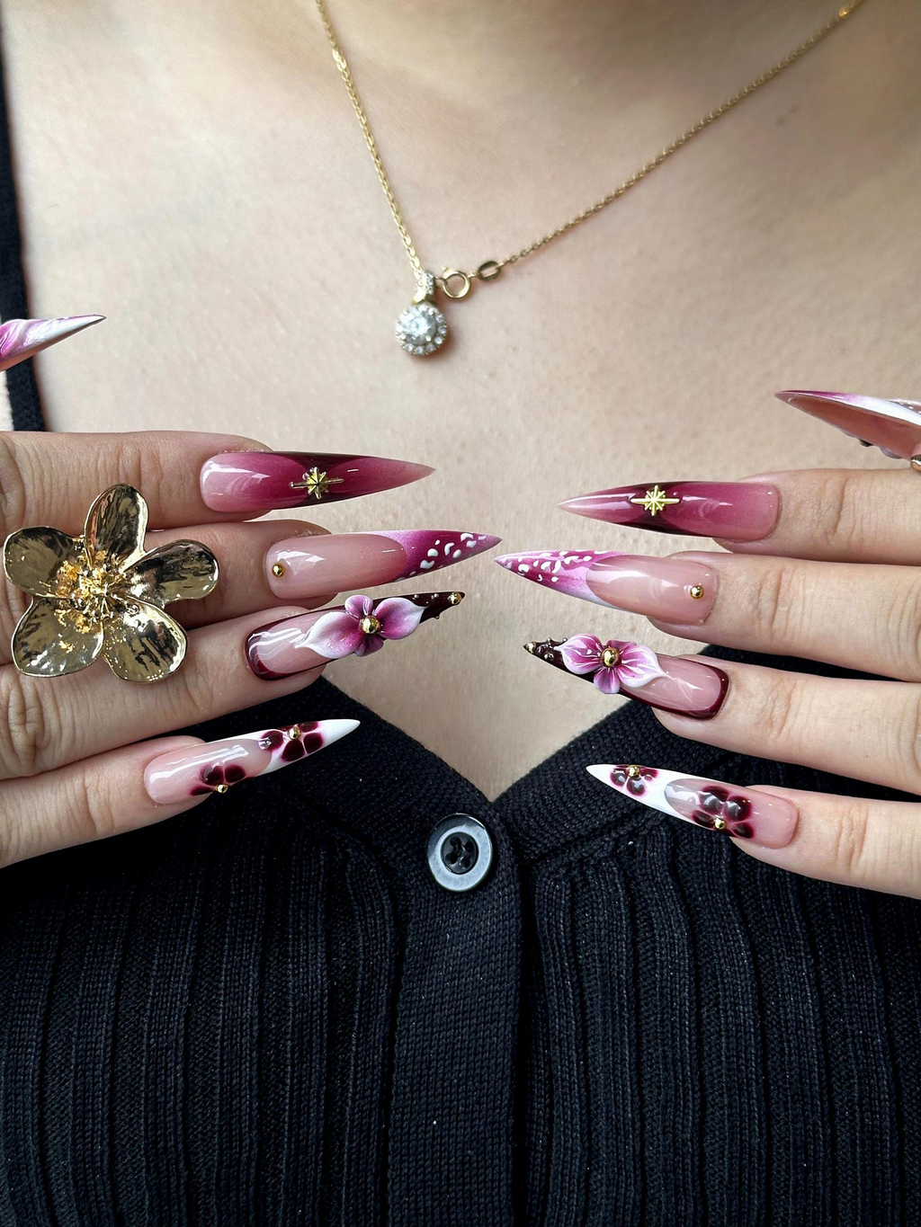 Elegant Floral Press On Nails 3D Floral Ombre Nails Burgundy & Pink Gradient Nail Art