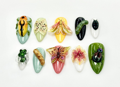 Insect Garden Fantasy Press On Nails 3D Bug & Butterfly Nail Art Botanical Nature Nails Handpainted Cicada Bee Beetle Design
