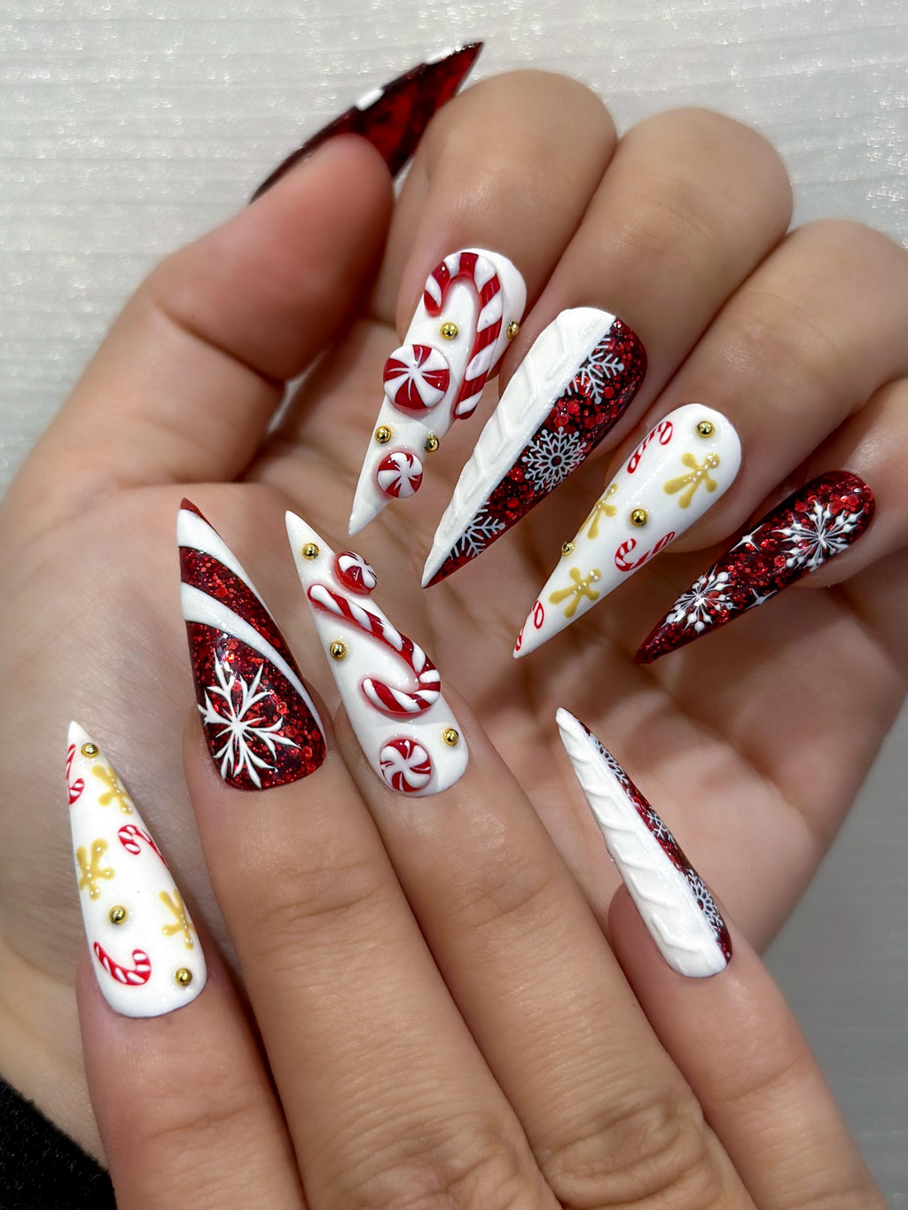 Red Glitter Christmas Press On Nails Nails Candy Cane Christmas Nail Art Holiday Stiletto Nail Art Luxury Festive Press Ons