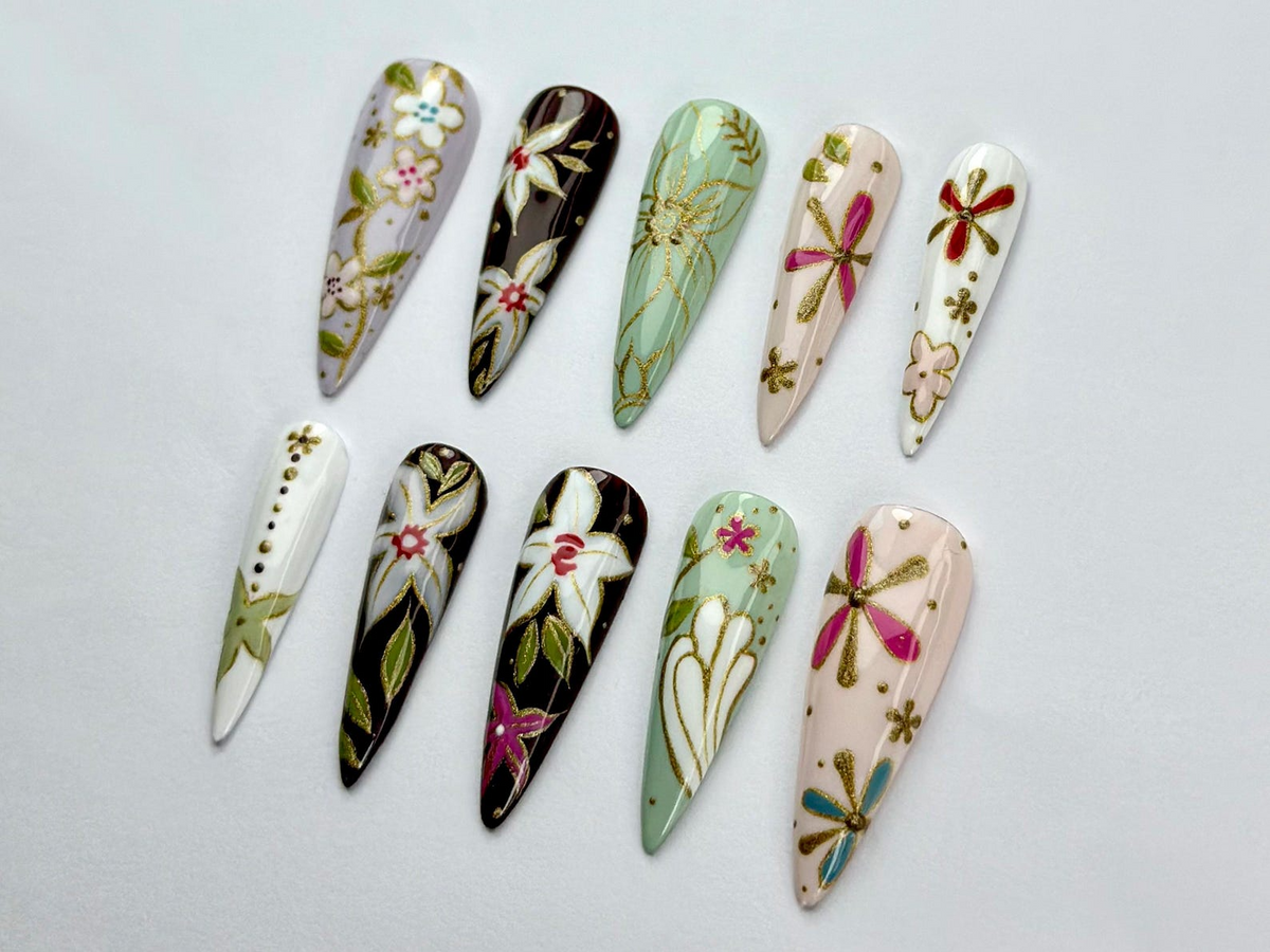 Oriental Floral Press On Nails Floral Dragonfly Nail Art Vintage Painted Flower Fake Nails Inspired by Asian Jewelry OB739YK