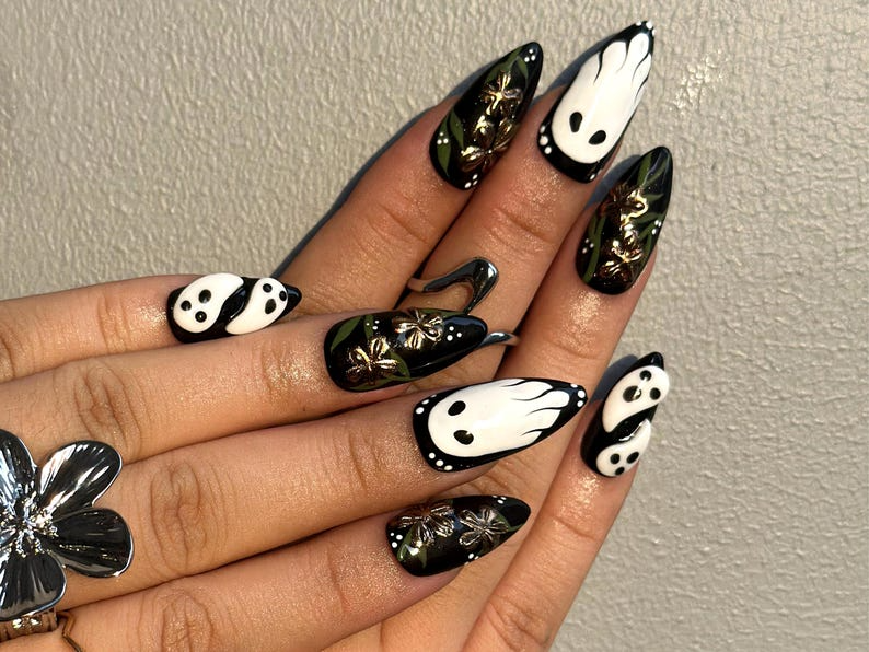 Midnight Ghost Garden Press On Nails, 3D White Ghost Nail Art, Black & Gold Floral