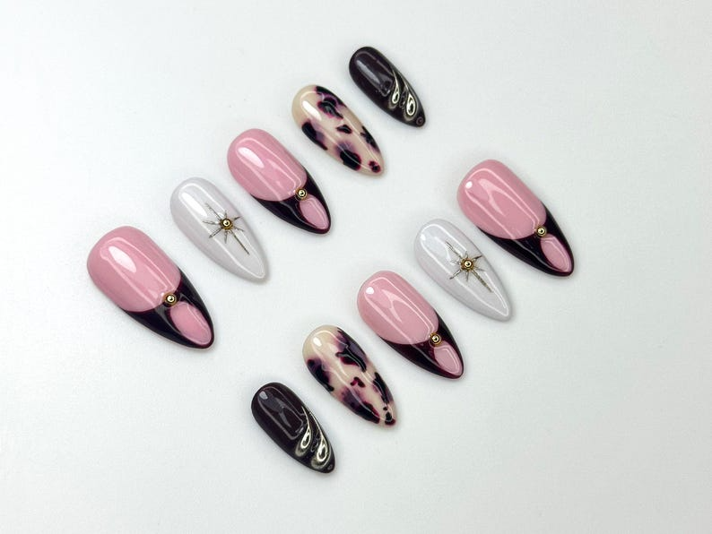 Pink Noir Star Press On Nails Chic French Tip Nail Art Leopard Accent Nails Elegant Handmade Nail Set