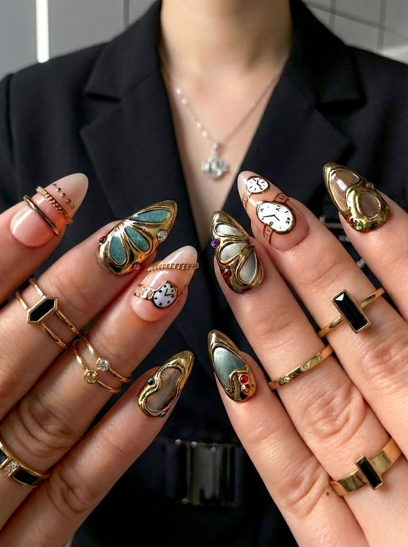 Opulent Gold Luxury Press On Nails Vintage Watch Gothic Nail Art Gold Frame Clock Inspired Nail Set