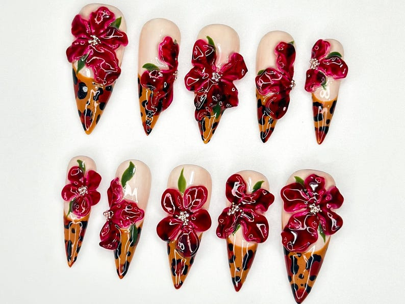 Tropical Orchid Fall Press On Nails Handmade Floral Nail Art Elegant Floral Press OnsElegant Orchid Nail| Leopard Print Nails