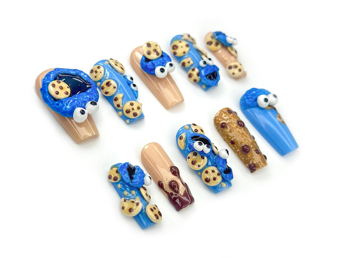 Cookie Monster Press On Nails 3D Cookie & Monster Nail Art Funny Blue Cartoon Nail Set Handmade Pop Culture Nails