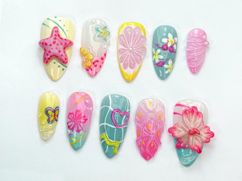 Tropical Summer Press-On Nails Bright Pink & Yellow Nail Art Summer Inspired Nail Design Cute Beach Nail Set Tropical VibesOB738HC