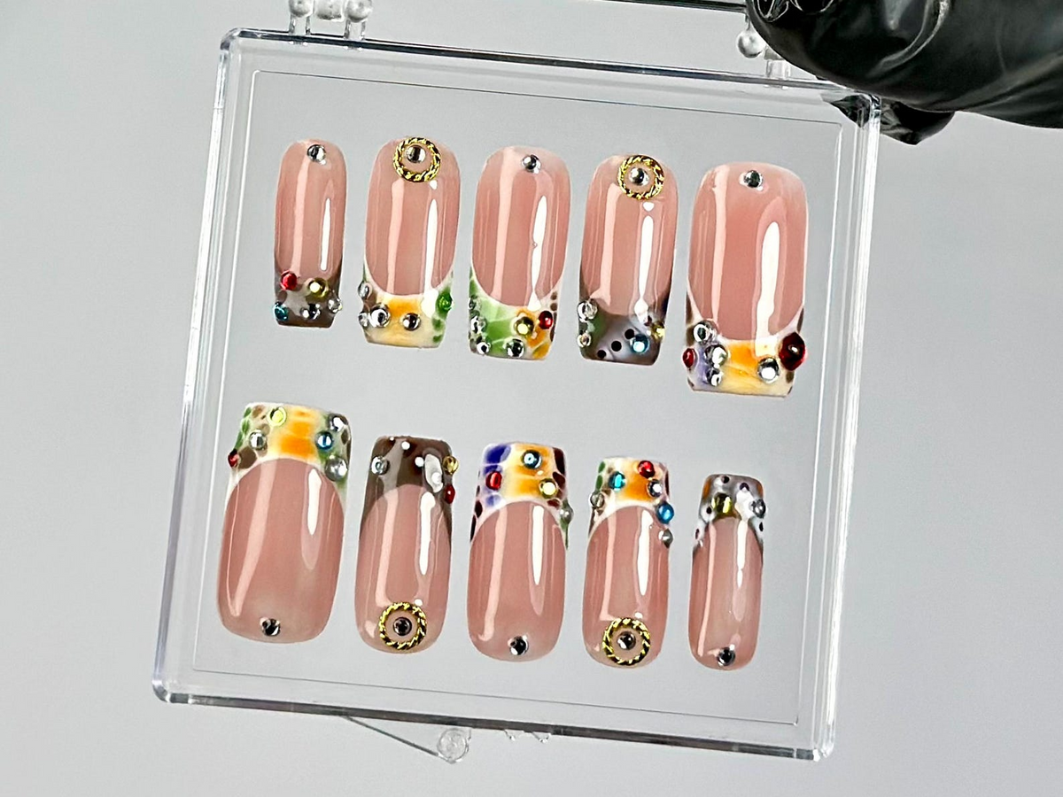 Glam Rhinestone Press On Nails by Dorynails Nude & Colorful Gem Nail SetNude with Sparkle Gems Nail ArtFrench Tips Fake Nails|OC789YK