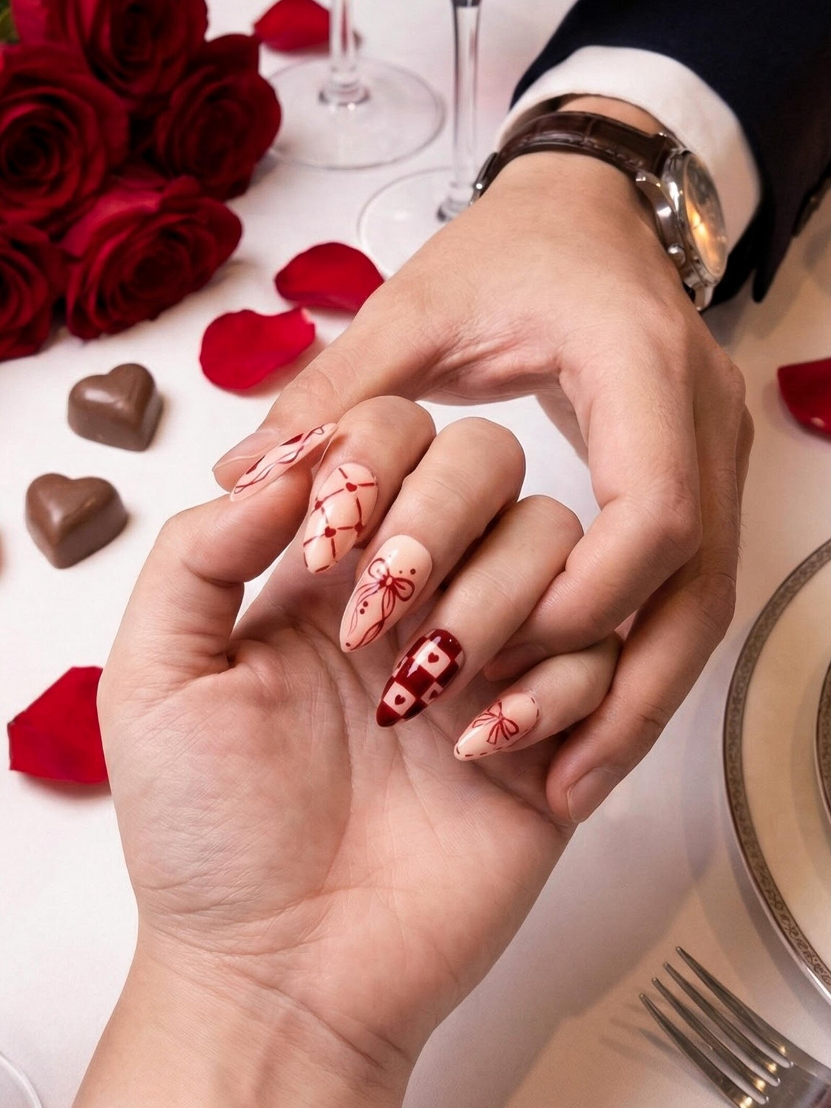Sweetheart Bow Valentine Press On Nails Heart Ribbon Romantic Nail Art Red Gingham Love Nails Cute Romantic Nail Set