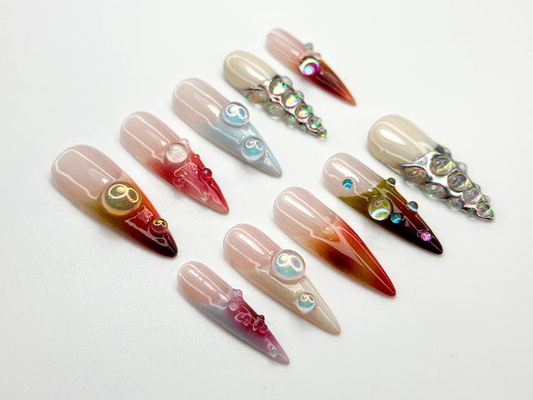 Iridescent Gradient Bubble Press On Nails Glassy Chrome Pearl Accents Color Fade Stiletto Nails Chrome Bubble Nail Art