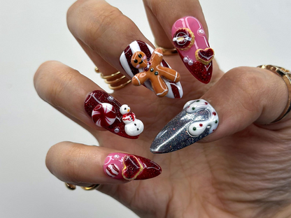 Gingerbread Red Christmas Press On Nails 3D Christmas Cookie Nail Peppermint & Snowman Holiday Nails| Red Glitter Festive Nails