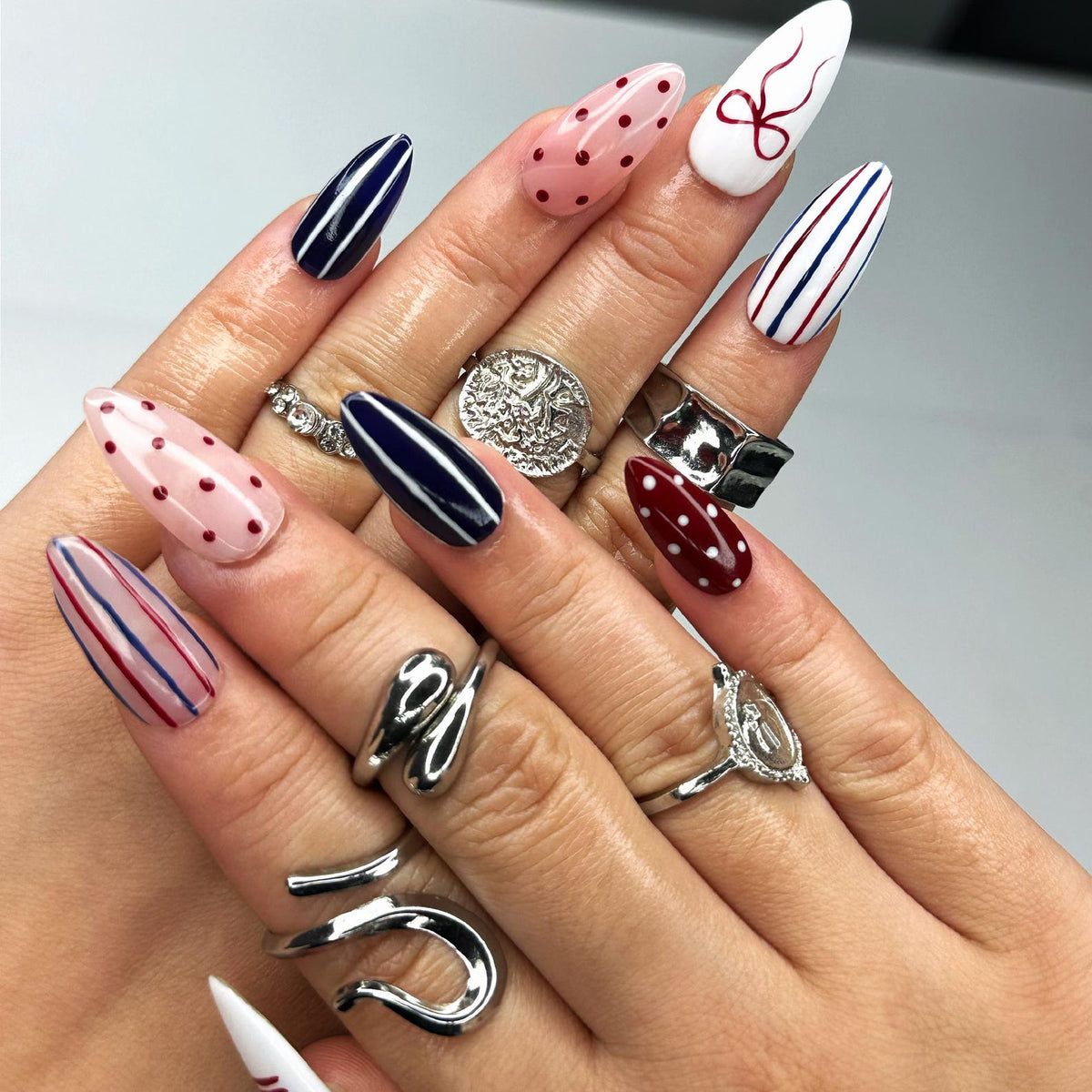 4th of July Press On Nails, Red White Blue Coquette Nails, Patriotic Almond Nails, USA
