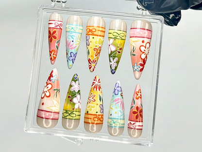 Kimono-Inspired Press On Nails Japanese Floral Fake Nails Japanese Kimono Nail Art Traditional Bright Floral Press Ons