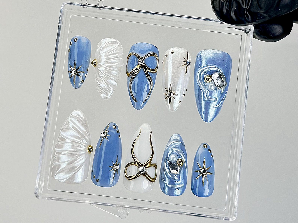 Blue Pearl Star Press On Nails 3D Bow & Star Design Fake Nails 3D Bow Star Nail Art Handmade Artistic Press OnsLuxury Nails
