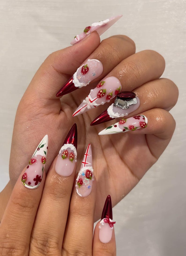 Strawberry  Press On Nails For Christmas  3D Strawberry & Whipped Cream Nail Art Cute Festive Press Ons| Sweet Winter Nail Design