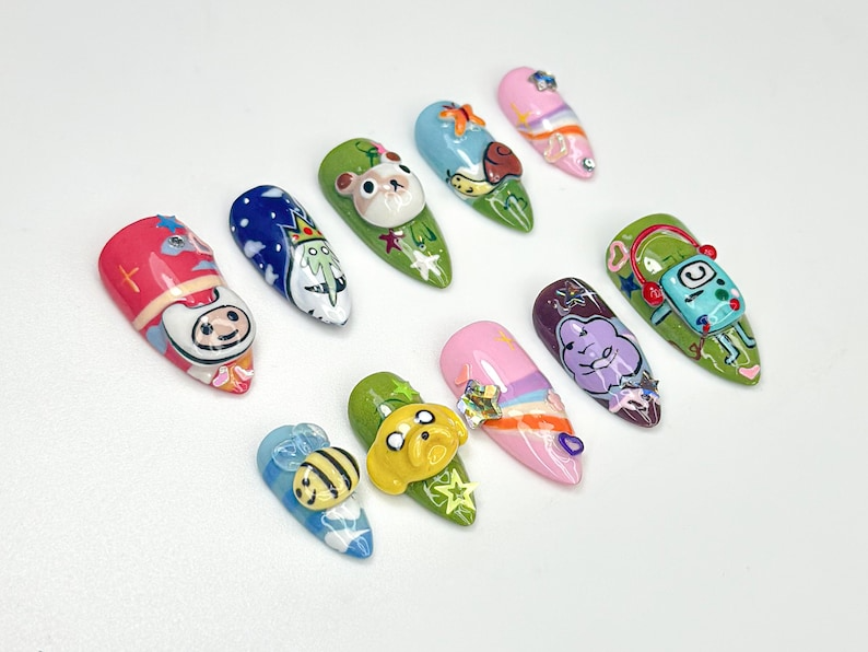 Adventure Time Cute Press On Nails 3D Cartoon Characters & Bee Accents Handmade Pop Culture Nail Art Cute Animation Nail Set