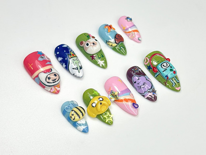 Adventure Time Cute Press On Nails 3D Cartoon Characters & Bee Accents Handmade Pop Culture Nail Art Cute Animation Nail Set
